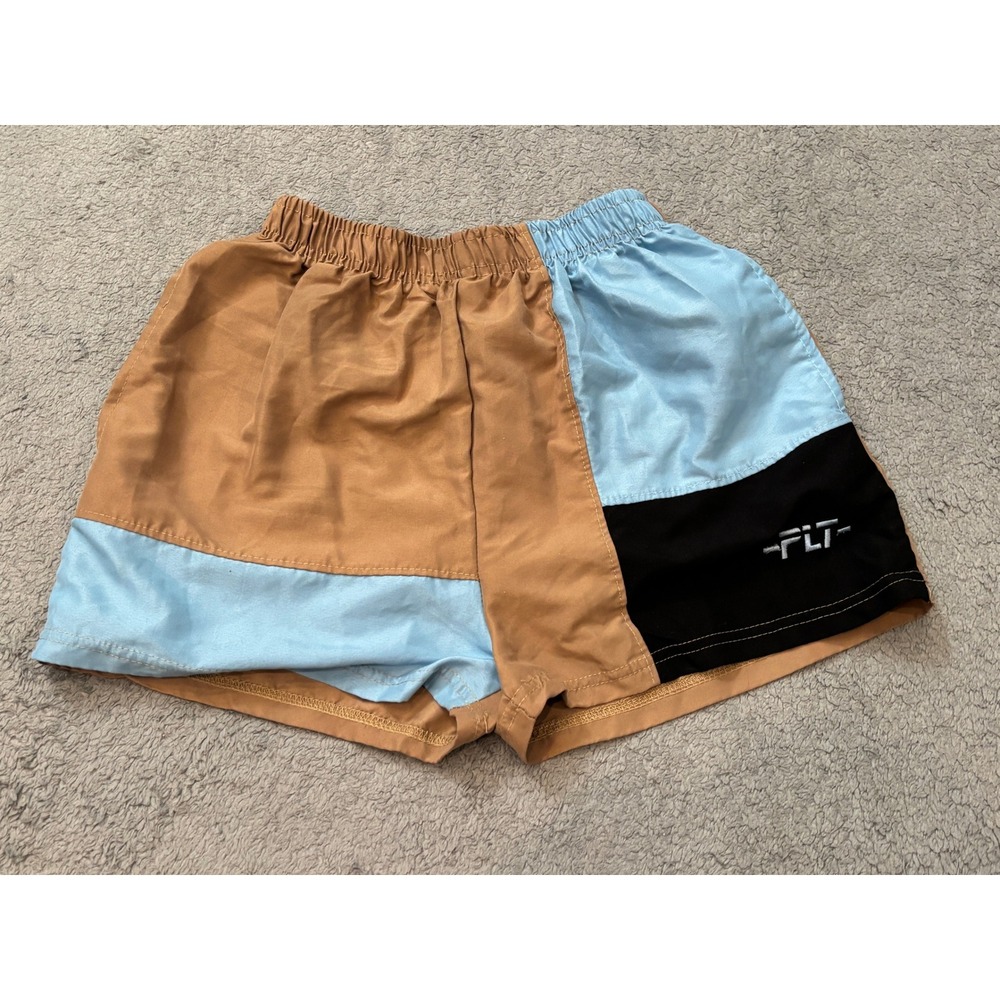 PrettyLittleThing Colorblock Shorts Tan Blue Black PLT Logo US 4